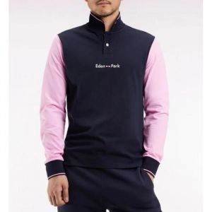 EDEN PARK - Polo &agrave; manches longues en piqu&eacute; coton bicolore rose logo Eden Park - BLEU MARINE - L