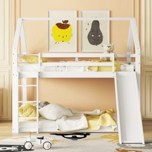 Lit superposé double blanc 140x200 avec toboggan & échelle - Lit cabane enfant - Meuble chambre pratique et ludique - sans matelas