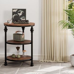 Table d’Appoint RondeBout de Canapé à 3 étagèresTable de Chevet PetiteTable Basse au Style Industriel pour SalonMarron