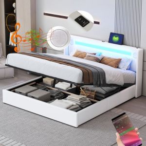 Lit 160x200cm - Lit Coffre Double 160x200 cm et Sommier -  Lumi&egrave;res LED Haut-parleur Bluetooth et Chargeur USB - Cuir PU Blanc