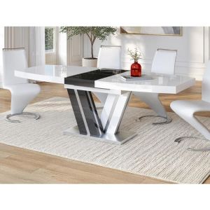 Table à manger extensible NOAMI II - 6 à 8 personnes - MDF laqué gris et blanc