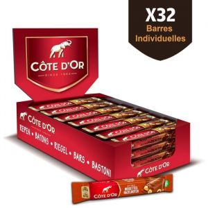COTE DOR B&acirc;ton Chocolat au Lait et Noisettes enti&egrave;res - Barres chocolat&eacute;es Cacao 100% durable - Pr&eacute;sentoir de 32 barres x 45 g