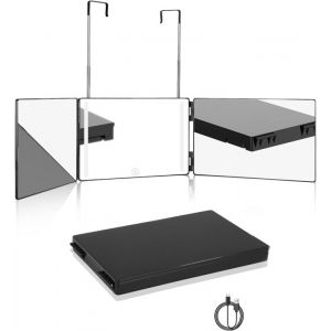 Miroir 360 Lumineux LED 3 Faces Pliable et Hauteur Réglable Miroir Coiffure Homme/Femme Rasage Maquillage