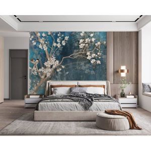 Papier Peint Panoramique 3D Fleurs 200x140 cm style 3D Fleurs Arbre Fleurir Oiseaux Papier Peint pour Chambre Salon