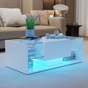 Table Basse - 100x50x35 cm - avec &Eacute;clairage LED - Finition Brillante Blanche - avec Tiroir et &Eacute;tag&egrave;res en Verre Tremp&eacute;