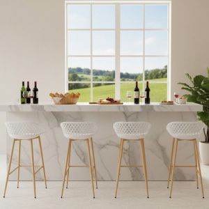 EGGREE Lot de 4 Tabouret de Bar avec Dossier et Repose-Pieds Chaise Haute pour Cuisine Hauteur Assise 68cm Pied en M&eacute;tal Blanc