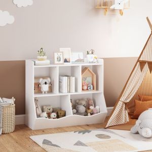 Meuble de Rangement pour Enfants 3 NiveauxBibliothèque à 5 CasesÉtagère de Rangement en Bois BlancOrganisateur des Jouets Livres