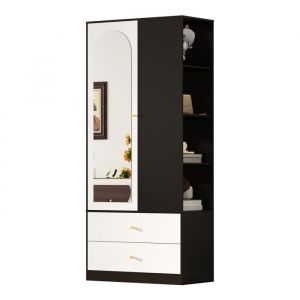 Armoire De Chambre Avec Miroir 80x40x180cm Blanche Et Noire1 Porte2 Tiroirs4 &Eacute;tag&egrave;resRangement Polyvalent Pour Chambre Moderne