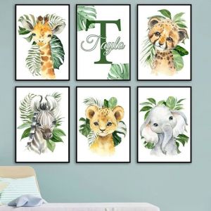 Nom Personnalisé Mural Enfant Affiche Animaux Jungle Chambre Animals Poster Tableau Deco Image sur Toile Garcon 21x30cm sans Cadre