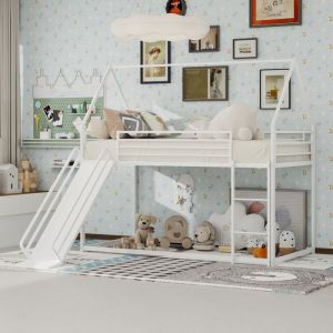 Lit superpos&eacute; 90x190 cm lit enfant avec toboggan et &eacute;chelle design cabane cadre fer blanc Sans matelas