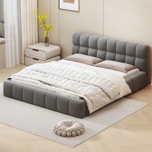 Lit Double Capitonné 160x200 cm Lit Adulte Sommier à Lattes en Bois Massif de Pin Lit Complet Lin Gris Sans Matelas