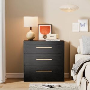 GOOBUY Commode à 3 Tiroirs 80cm Meuble de Rangement Moderne Commode Étroite avec Manche Doré Grain de Bois 80 x 40 x 78cm Noir