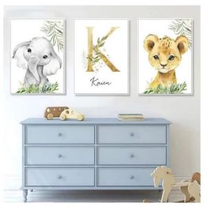 3 Affiche Prenom Bebe Tableau Personnalis&eacute; Poster Animaux Jungle Chambre Enfant Decoration Murale Cadeau 30x40cm sans Cadre