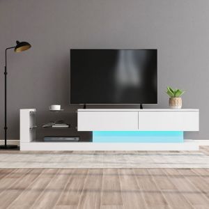 Meuble TV moderne meuble de salon laqué blanc brillant sur la façde avec éclairage LED 2 portes et 2 étagères verre