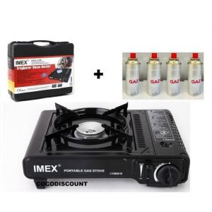 RECHAUD  A GAZ PORTABLE AVEC MALETTE TRANSPORT ALLUMAGE PIEZO CAMPING  FEUX + 4 cartouches gaz