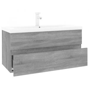 Meuble lavabo avec vasque int&eacute;gr&eacute;e - JILL - Sonoma gris - Bois ding&eacute;nierie - 90x385x45 cm - Vasque c&eacute;ramique