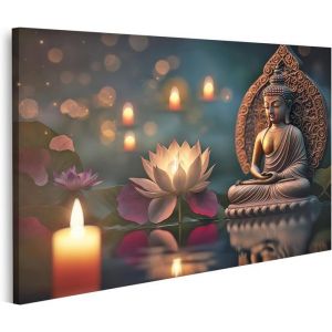 Tableau sur toile Bouddha Purnima Vesak Jour Statue Fleur De Lotus Aux Chandelles Cadre Affiche Poster Murale Tableaux 40x70cm