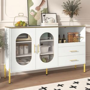 Buffet bas de cuisine avec 2 tiroirs et 2 portes vitr&eacute;es meuble de rangement MDF blanc pieds dor&eacute;s 140x38x90 cm