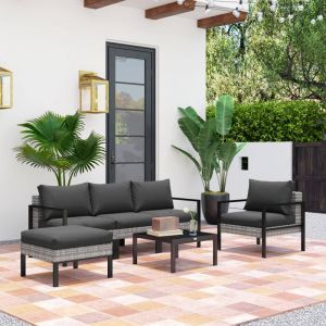 Salon de jardin ext&eacute;rieur 5 personnes salon de balcon en r&eacute;sine tress&eacute;e avec fauteuils pouf et table basse gris clair