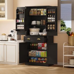 Buffet de Cuisine Bas- 80 x 40 x 182 cm -1 Armoire à 6 Niveaux et 4 Portes à 1tiroir， Noir