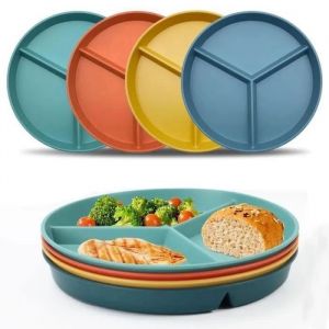 HAOPYOU- Lot de 4 Assiette Plate 3 Compartiment - Sans BPA - Incassable - RUtilisables - 23cm Assiettes Vert rose bleu et  ASSIETTE
