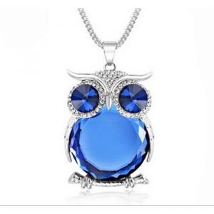 COLLIER CHOUETTE PIERRE BLEUE sur cristal autrichien statuette chouette figurine chouette