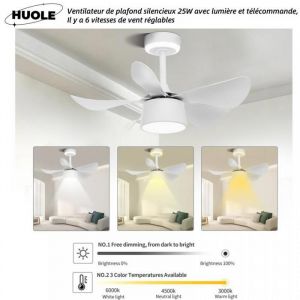 HUOLE - Ventilateur de plafond en ABS silencieux de 25 watts avec lumière et télécommande 6 vitesses réglablesBlanc