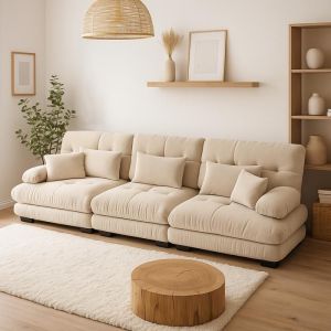 URBAN MEUBLE Canap&eacute; rembourr&eacute; modulable 3 places en tissu chenille creme assise profonde