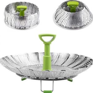 Pliable Panier Vapeur Panier à vapeur pliable acier Panier-cuit Vapeur avec Poignée Rétractable en inox Pour Cuire Légumes(Vert)