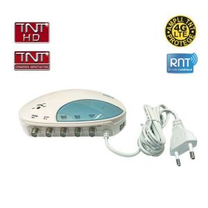 Amplificateur R&eacute;partiteur TV FM VHF / UHF TNT HD 1 entr&eacute;e 4 sorties - Gain r&eacute;glable 4 x 25 dB Fixation murale possible Interrupte