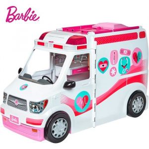 Barbie Véhicule Médical rose et blanc pour poupée voiture ambulance transformable en hôpital avec plus de 20 accessoires jouet