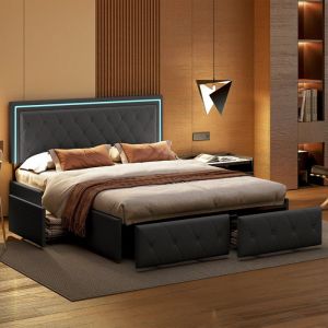 Lit Coffre Capitonné Simili Cuir Gris 160×200cm Lit 2 Personnes avec Sommier et LED Lit Double Adulte avec 4 Tiroirs de Rangement