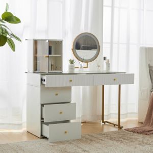 Ensemble de coiffeuse avec miroir LED plateau en verre tremp&eacute;  coiffeuse lat&eacute;rale et armoire 120 x 45 x 115 cm (sans tabouret)