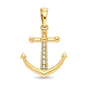 Pendentif - Femme/Homme - Pendentif Seul - Ancre Marine - Cristal - Blanc - Plaqu&eacute; Or Jaune 750/1000 - 3 Microns - 26 x 15 mm