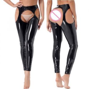 zdhoor Legging Ouvert Entrejambe Femme Cuir Wetlook Pantalon- Legging Moulant Brillant Clubwear