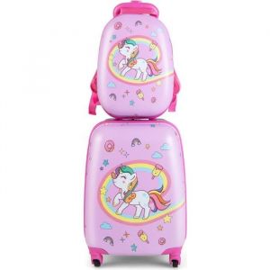 COSTWAY Valise Enfant à Roulettes 16’’ + Sac à dos 12’’, Ensemble de Bagage Enfants avec Motif Licorne, pour voyages en avion, Rose