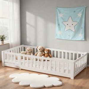 Lit au sol 90x200 cm avec sommier &agrave; lattes Lit enfant simple avec barri&egrave;res de s&eacute;curit&eacute; Lit cabane enfant en bois massif Blanc