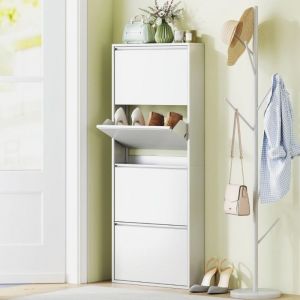 Meuble Chaussures M&eacute;tal 4 Portes - 8 Paires - Fixation Murale - Fin (55x15x139.5cm) - Rangement Entr&eacute;e&couloir Blanc