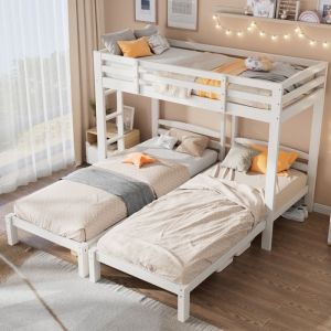 Lit superpos&eacute; enfant 3 places 90 x 200 cm Lit simple Lit triple en bois massif avec barri&egrave;res &eacute;chelle et sommier &agrave; lattes - blanc