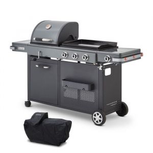 Barbecue Plancha Bi-Energy XL Gaz & Charbon &ndash; BRASERO BY FAVEX - 14 convives &ndash; 3 br&ucirc;leurs 108 kW &ndash; Plancha fonte 60 x 42 cm &ndash; Houss