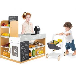 COSTWAY Supermarch&eacute; en Bois pour Enfants avec Chariot de Courses 2 Tableaux Noirs Caisse Enregistreuse &Eacute;tag&egrave;res de Pr&eacute;sentation