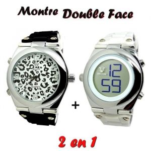 MONTRE FEMME 2 EN 1 DOUBLE FACE DIGITAL + ANALOGIQUE NOIR + BLANC ARGENT L&Eacute;OPARD
