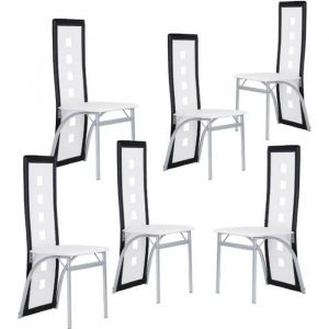 DIYA Lot de 6 Chaise avec 6 Trous(Blanc + Noir)  Chaises de Salle &agrave; Manger Mobilier de Salon Design - Simili Cuir