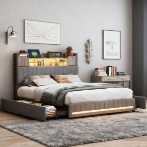 Lit double 140x190 avec tiroir lit140x190 avec sommier LED r&eacute;glable Chargement USB rangement de t&ecirc;te de lit beige lin