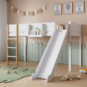 Lit mi-hauteur lit enfant 90x200 cm avec toboggan et étagère mobile avec sommier à lattes et escalier  pin + MDF blanc + naturel