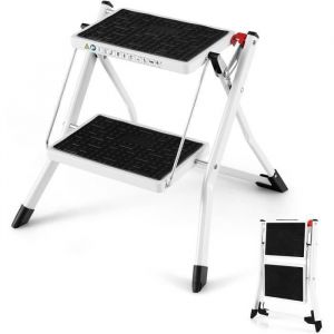 GOPLUS Escabeau à 2 MarchesCharge 150KGMarchepied Pliable en Métal avec Pédales Extra Larges et AntidérapantesBlanc+Noir