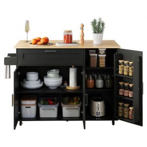 132.5 * 44(70)*90cm grande table de cuisine mobile comptoir pliant grain de ch&ecirc;ne armoire multifonctionnelle Noir