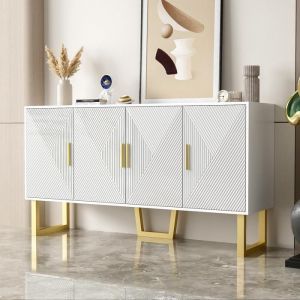 Buffet Bas 150 cm Blanc Laqu&eacute; avec 4 Portes Textur&eacute;es et Poign&eacute;es Dor&eacute;es Bahut Moderne Luxe avec &Eacute;tag&egrave;res R&eacute;glables
