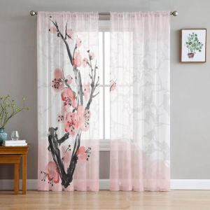 HIf-1287 Sakura rideaux en fil de Voile rose fleur de cerisier pour salon cuisine Tulle pour fen&ecirc;tres pour ch Taille:180x210cm