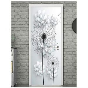 Stickers 3D Porte Poster Fleurs Blanches De Pissenlit Cr&eacute;atif Papier Peint Porte Trompe loeil Chambre Stickers Amovibles 86X200Cm